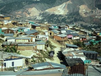 High angle view of houses in town