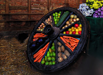 High angle view of fruits in container