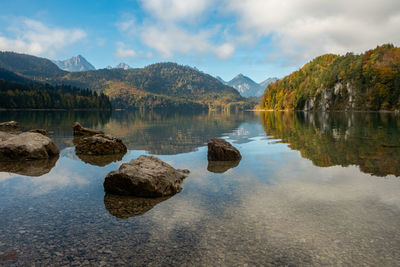 Scenic view of lake and mountains against sky