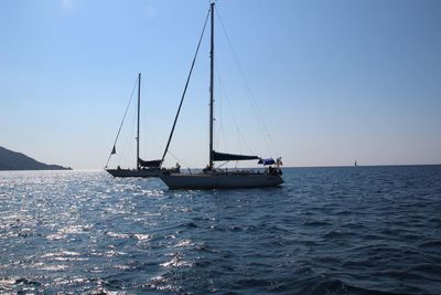 Sailboat sailing on sea against clear sky