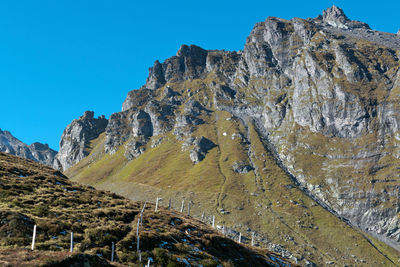 Scenic view of rocky mountains against clear blue sky