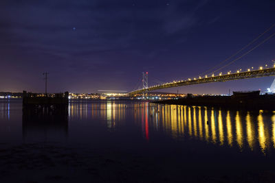 Illuminated bridge over river at night