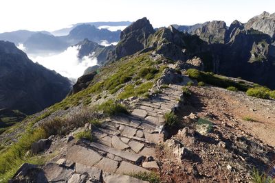 High angle view of rocky mountains against sky