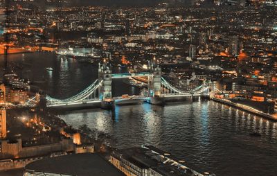 High angle view of illuminated city at night