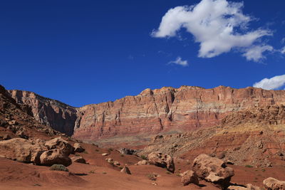 Scenic view of mountain against blue sky