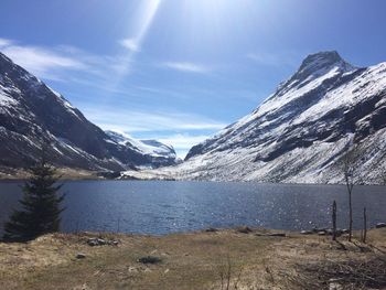 Scenic view of snowcapped mountains and lake against sky