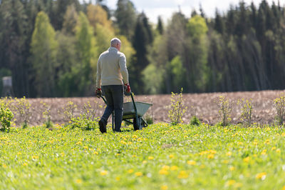 Rear view of man walking on field