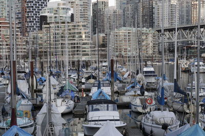 High angle view of sailboats moored on harbor against buildings in city