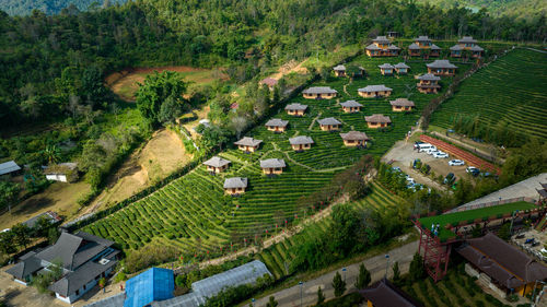 High angle view of buildings in city