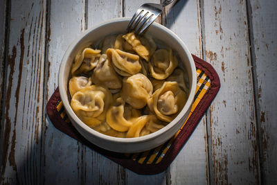 High angle view of food in bowl on table