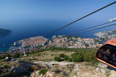 High angle view of overhead cable car over landscape against sky