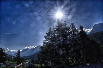 Low angle view of trees and snowcapped mountains against sky