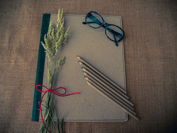 High angle view of book and pencil with stalk on table