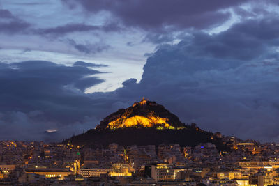 View of lycabettus hill from areopagus hill in central athens, greece.