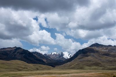 Scenic view of mountains against cloudy sky