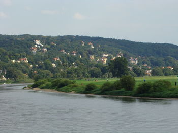 Scenic view of river by trees against sky