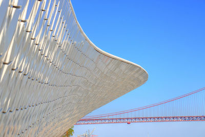 Low angle view of suspension bridge against clear blue sky