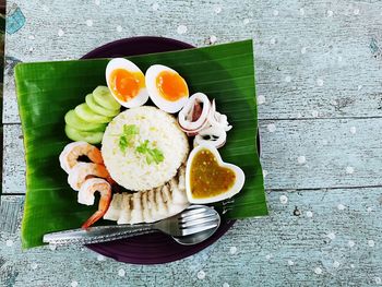 Directly above shot of breakfast served on table