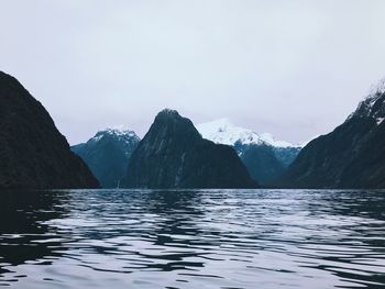 Scenic view of lake and snowcapped mountains against sky