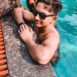 High angle view of man in swimming pool