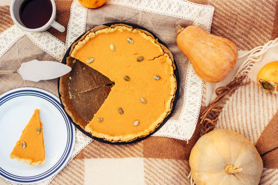 High angle view of pumpkins on table