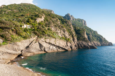 Calm lake against rocky landscape