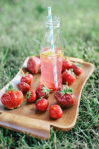 Fresh strawberries and juice in tray on field