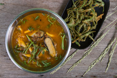 High angle view of soup in bowl on table