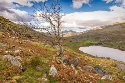 Scenic view of lake by mountain against sky