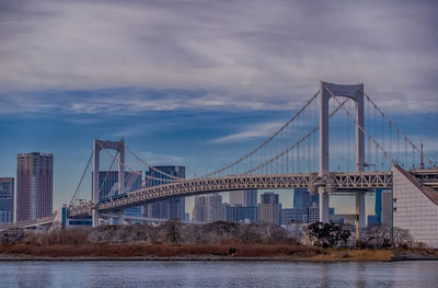 View of suspension bridge against cloudy sky