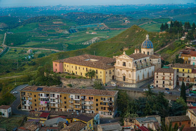 High angle view of buildings in city