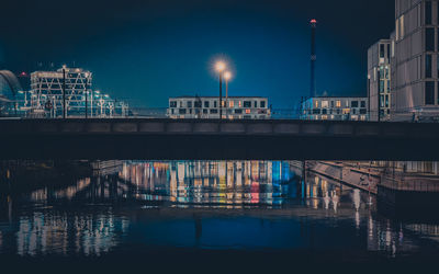 Illuminated bridge over river at night