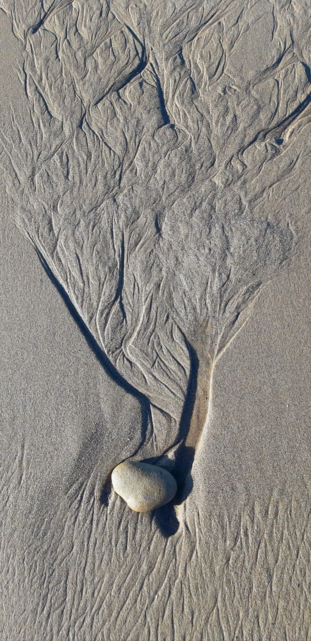 HIGH ANGLE VIEW OF FOOTPRINT ON SAND AT BEACH