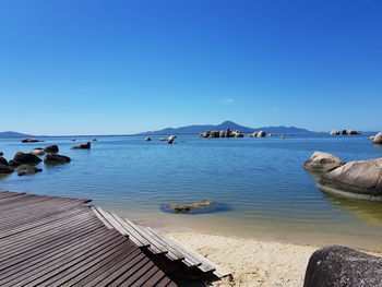 Scenic view of sea against clear blue sky