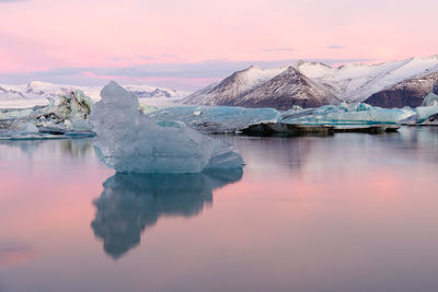 Scenic view of frozen lake against sky during sunset