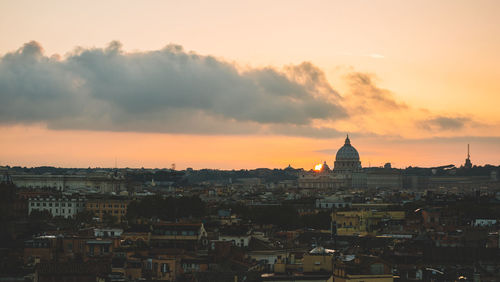 High angle view of cityscape during sunset