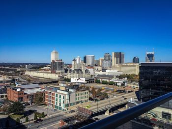 Cityscape against clear blue sky