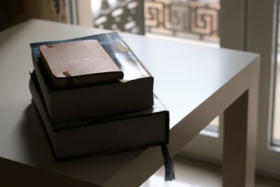 High angle view of books on table