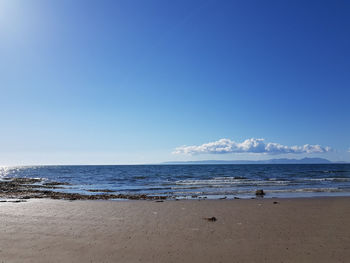 Scenic view of sea against clear blue sky