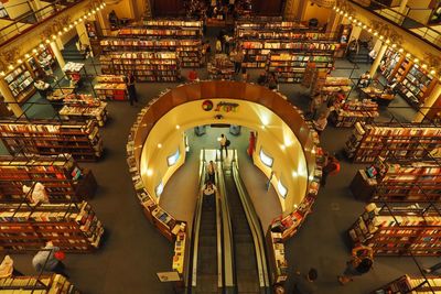 High angle view of illuminated lighting equipment at store