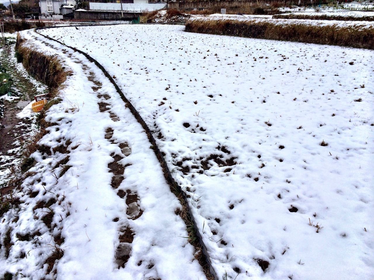 snow, winter, cold temperature, season, weather, covering, frozen, tranquility, nature, road, white color, tranquil scene, landscape, beauty in nature, street, high angle view, the way forward, covered, scenics, field