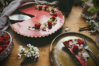 High angle view of dessert on table