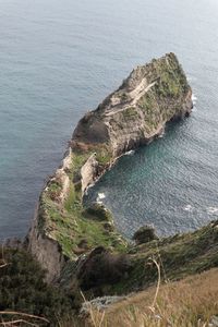 High angle view of rocks on sea shore