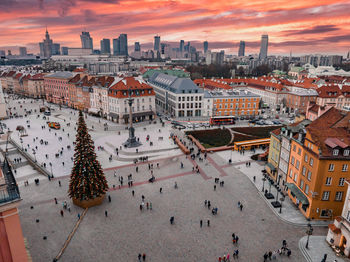 Aerial view of the christmas tree near castle square with column of sigismund