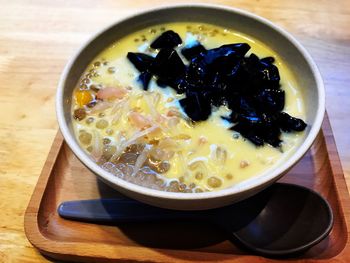 Close-up of soup in bowl on table