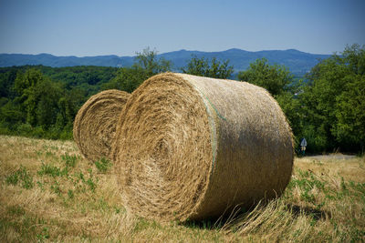 Hay bales on field against sky