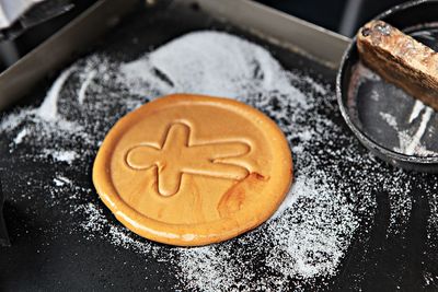 High angle view of cookies on table