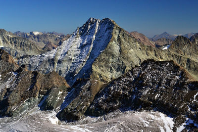 Panoramic view of snowcapped mountains against clear sky