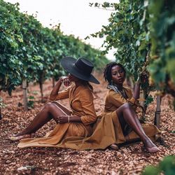 Woman sitting in vineyard against sky