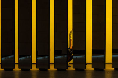 Row of illuminated yellow columns with a fleeting silhouette in one of them.